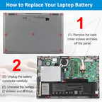 3-step DELL GK5KY battery replacement tutorial: remove 8 back cover screws, unplug connector, unscrew 2 screws