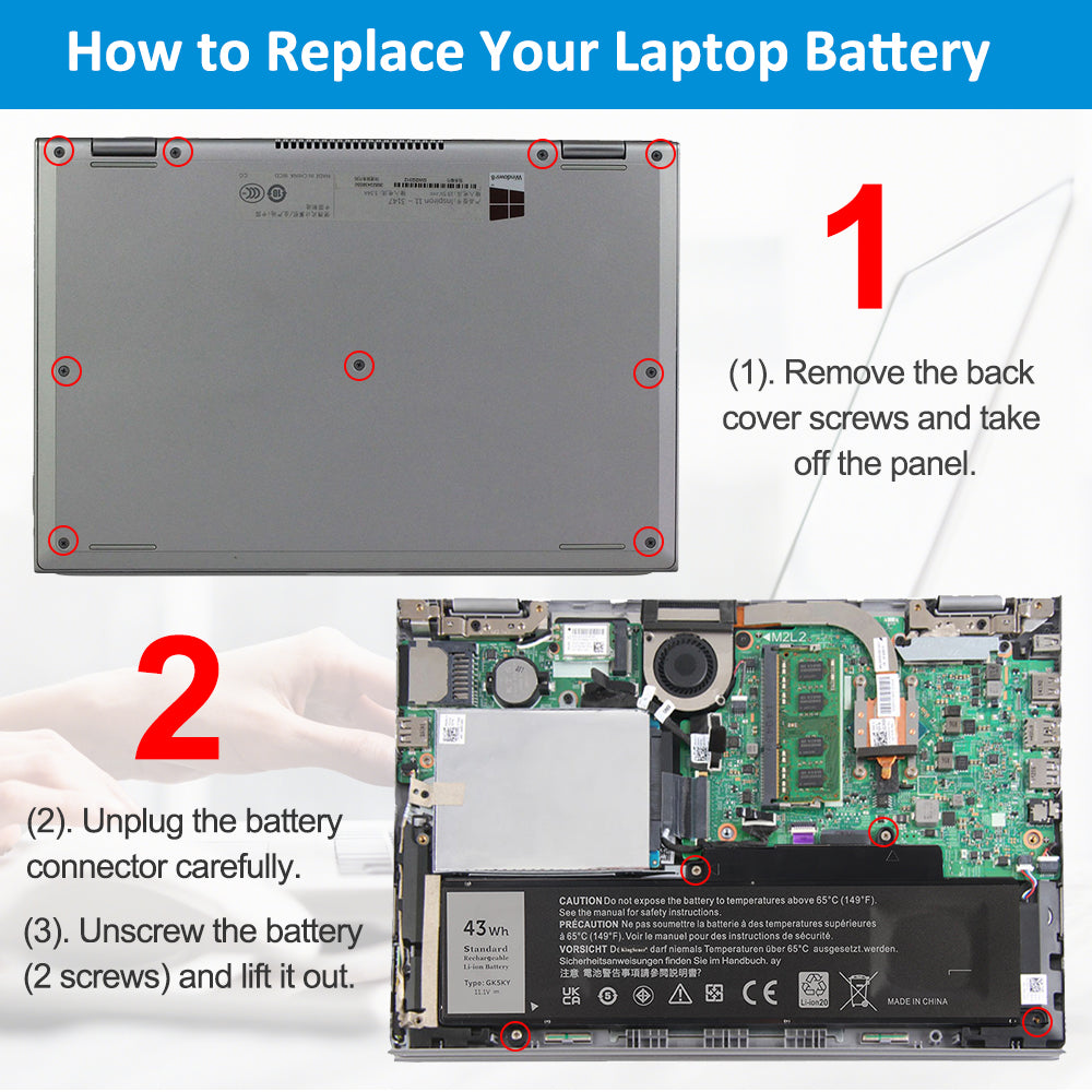 3-step DELL GK5KY battery replacement tutorial: remove 8 back cover screws, unplug connector, unscrew 2 screws