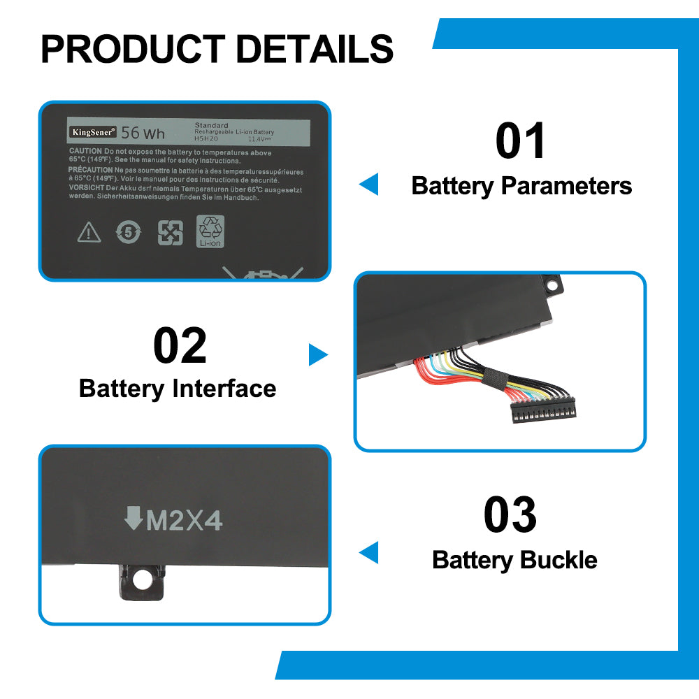 DELL H5H20 battery details: 11.4V 56Wh Li-ion with multi-color wire harness connector