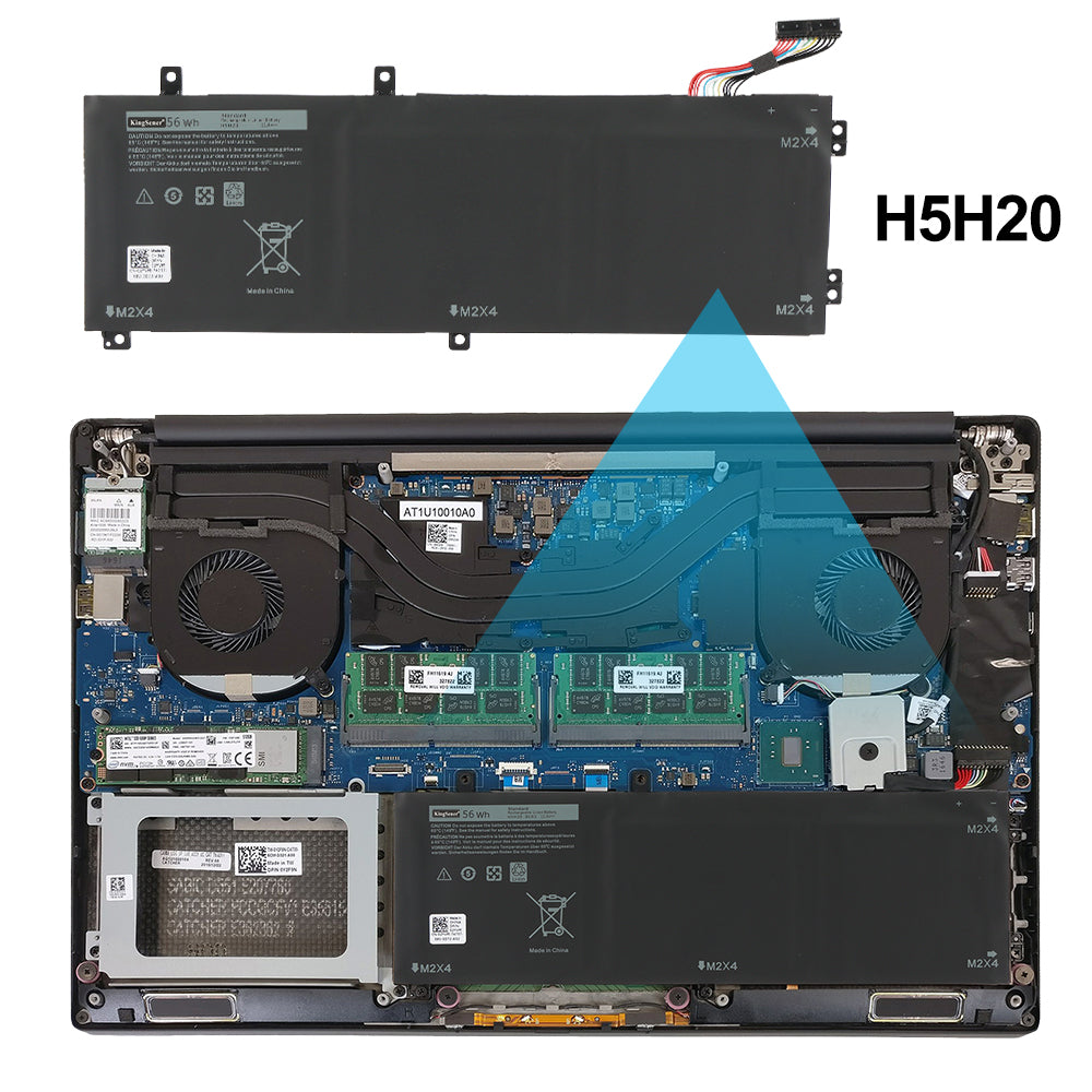 DELL H5H20 battery installed inside Alienware laptop with dual fans and dual memory slots