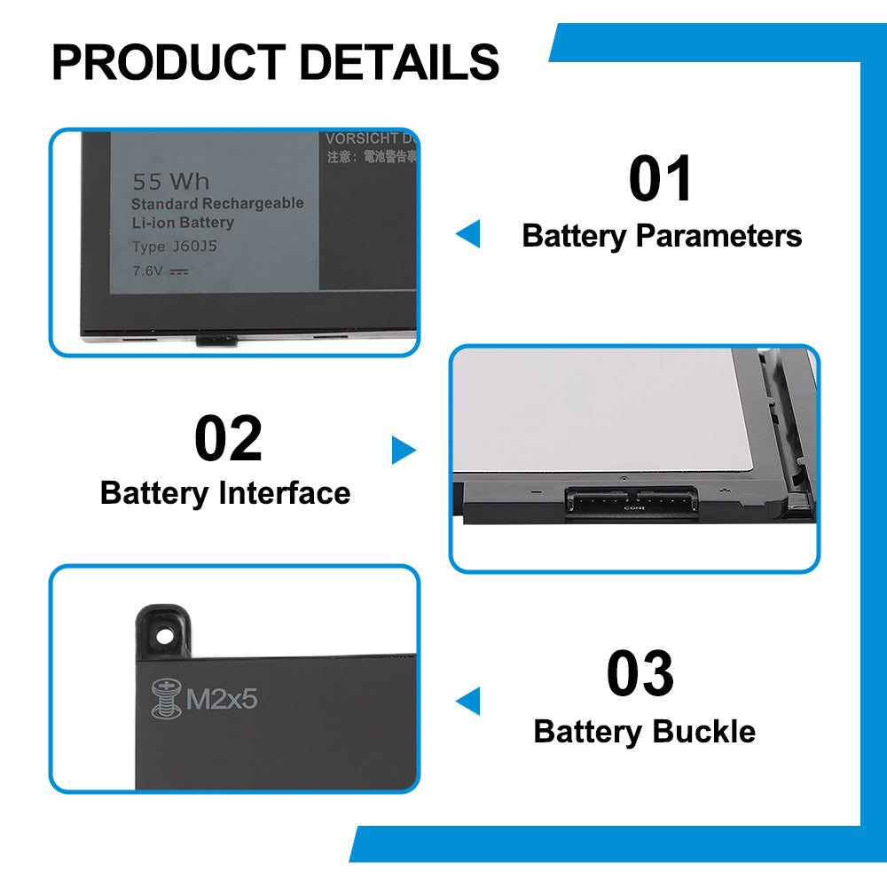 J60J5 product details: 55Wh 7.6V Type J60J5 battery parameters, cable interface connector, M2x5 buckle mount design for Dell Latitude 5400 5500 notebook
