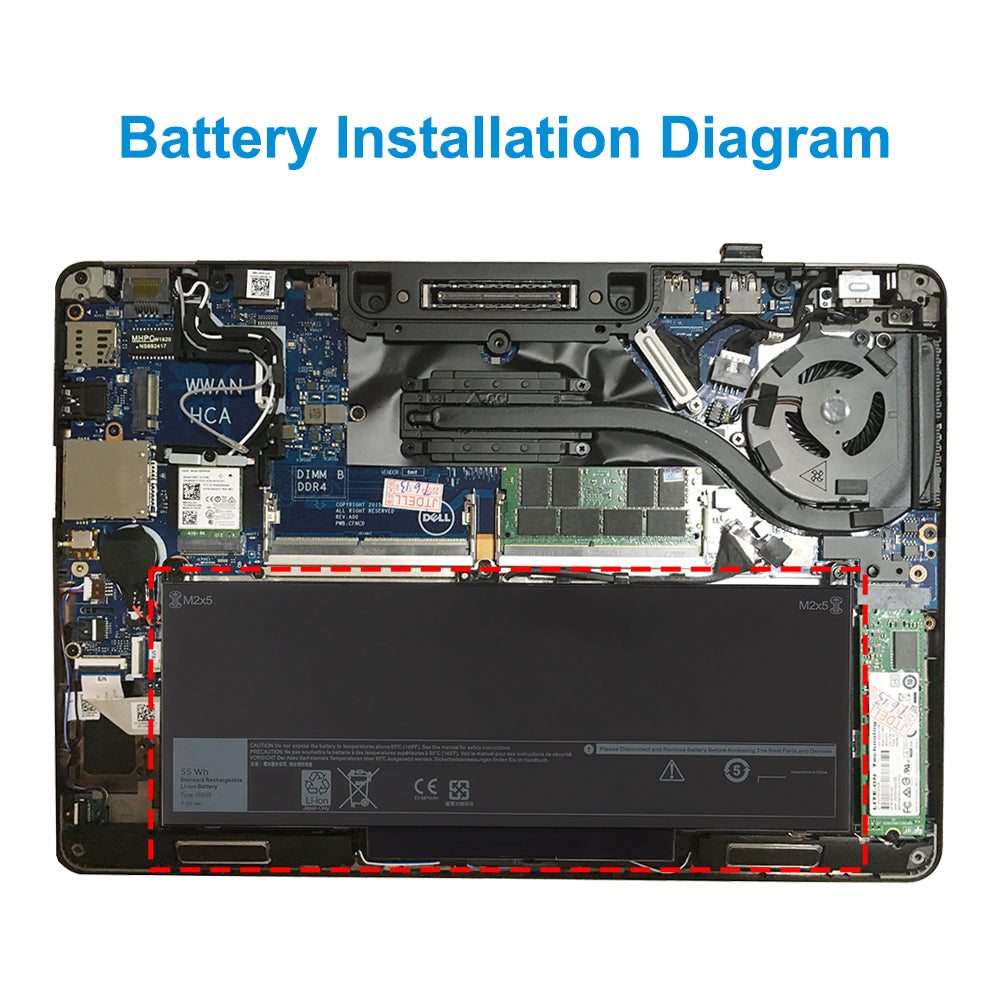 J60J5 55Wh battery installed in Dell Latitude 5500 laptop internal view with dual fans DIMM DDR4 WWAN, perfectly matching notebook chassis