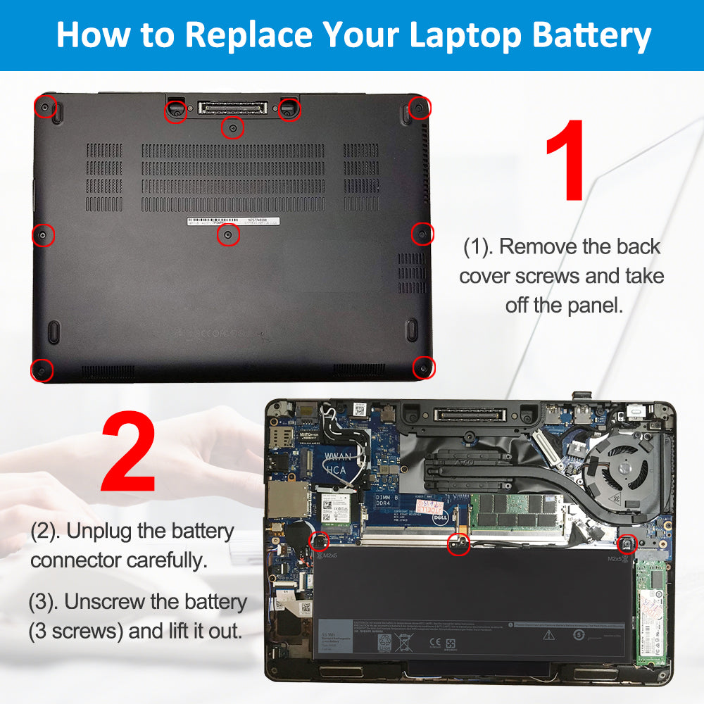 J60J5 battery replacement tutorial: remove back cover screws, unplug battery connector carefully, then unscrew 3 battery screws to lift out for Dell Latitude