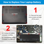 J60J5 battery replacement tutorial: remove back cover screws, unplug battery connector carefully, then unscrew 3 battery screws to lift out for Dell Latitude