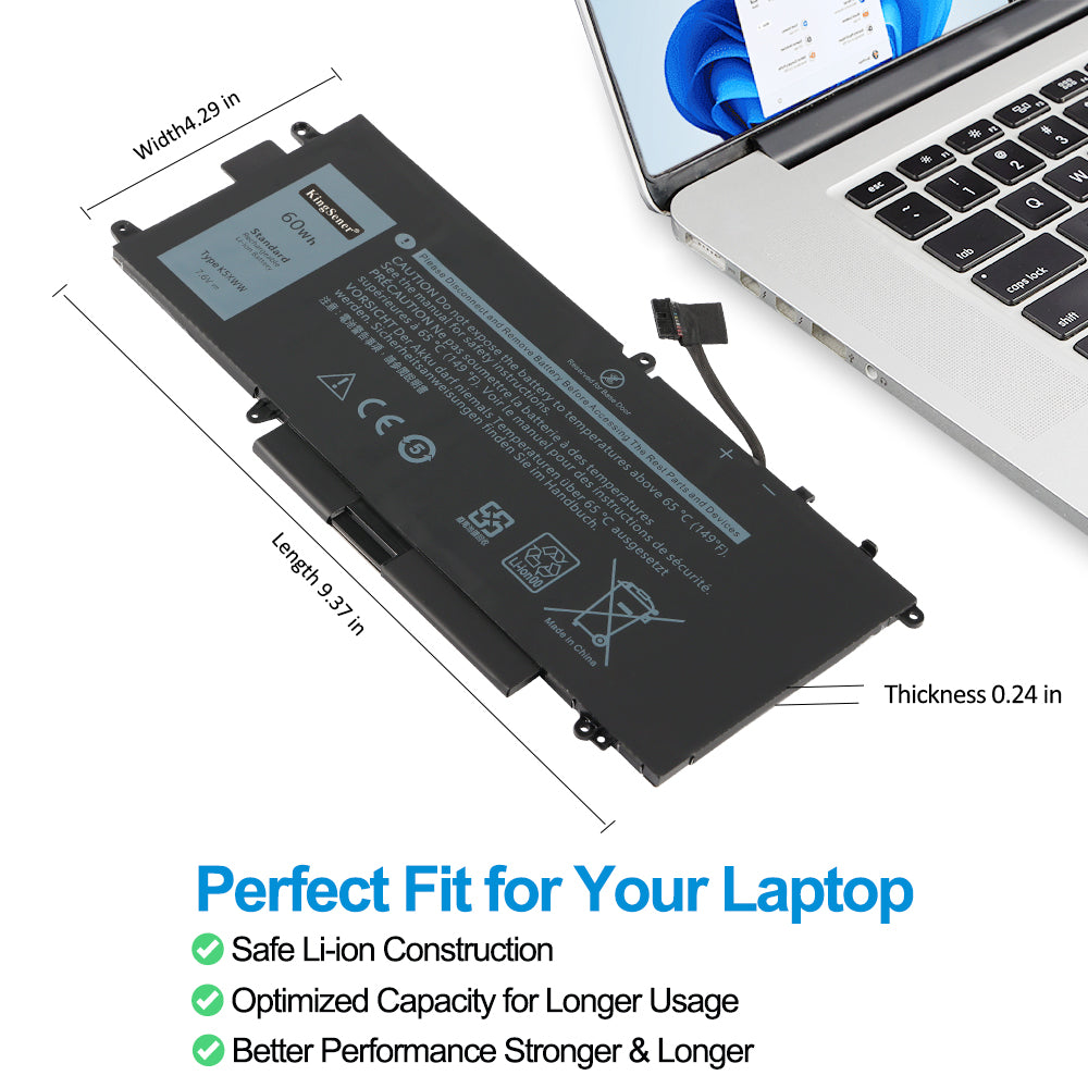 DELL K5XWW replacement laptop battery 7.6V 60Wh, dimensions 9.37x4.29x0.24in, safe Li-ion for XPS 15