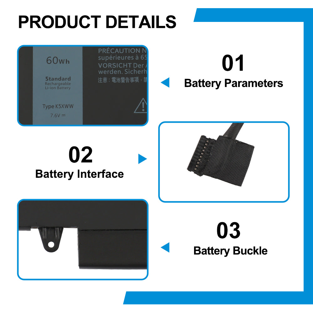 DELL K5XWW battery details: 7.6V 60Wh Li-ion with plastic and metal pin connector and buckle