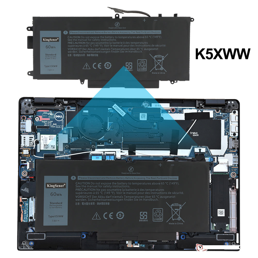 DELL K5XWW XPS 15 battery with internal DELL motherboard layout, exact fit installation position