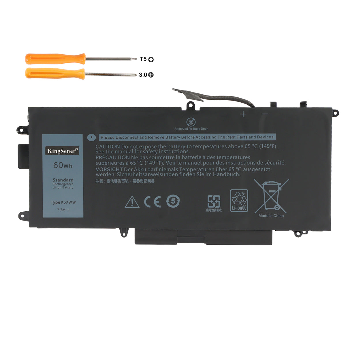 DELL K5XWW replacement laptop battery 7.6V 60Wh Li-ion with T5 and PH3 screwdrivers for XPS 15