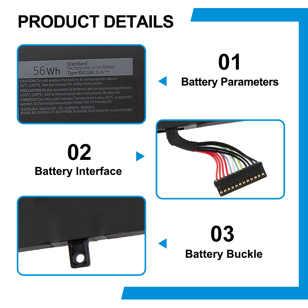 RRCGW product details: 56Wh 11.4V Type RRCGW battery parameters, 16-pin interface connector, M2X4 buckle mount design for Dell XPS 15 9550