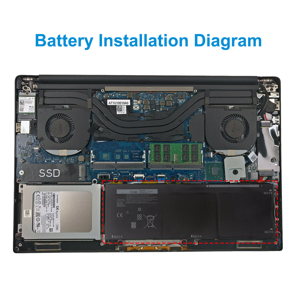 RRCGW 56Wh battery installed in Dell XPS 15 9550 with 2.5-inch SSD internal view with dual fans and motherboard, perfect chassis match