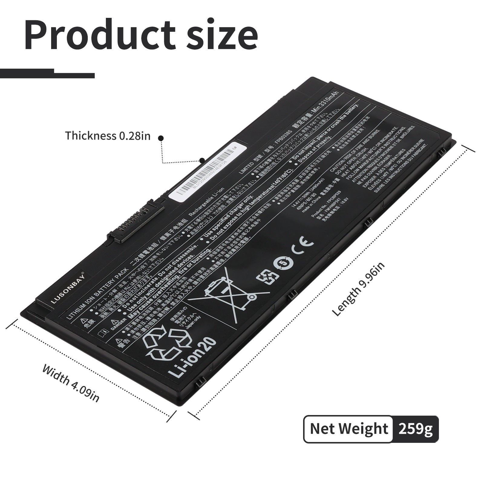 FPB0338S Fujitsu LifeBook battery dimensions 9.96 x 4.09 x 0.28 inches, net weight 259g, size diagram