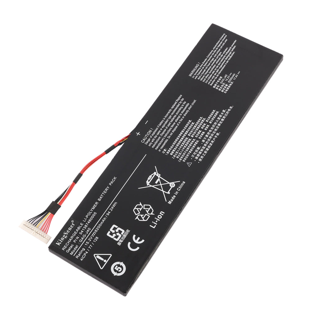 GAG-J40 battery for Gigabyte Aero 14 15 Aorus X7 gaming laptop, 15.2V 6200mAh 94.24Wh Li-ion, angled view with multi-pin connector cable