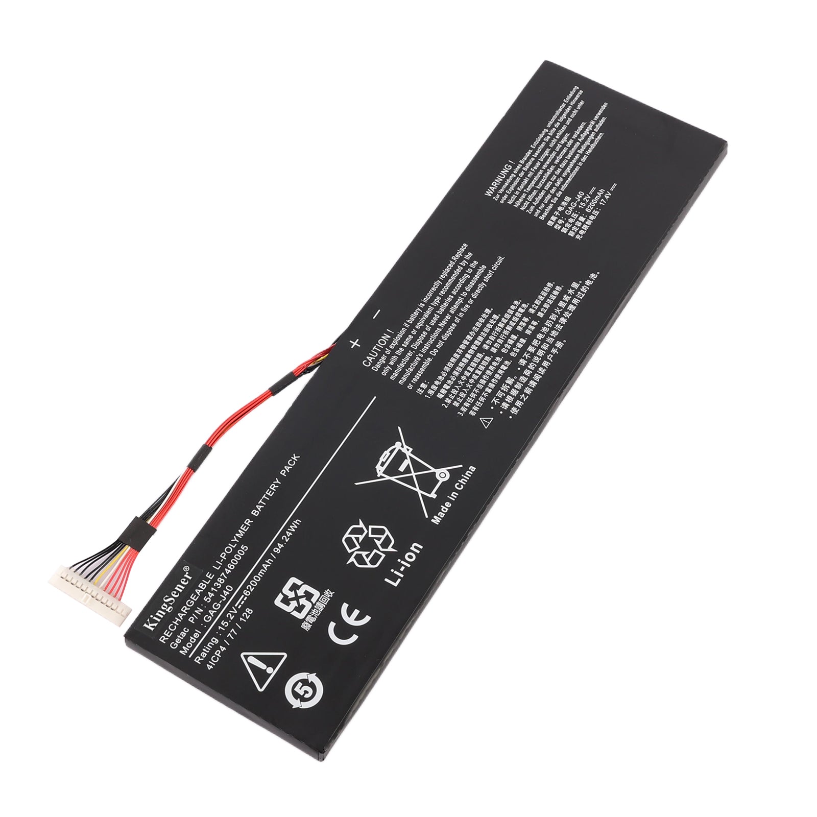 GAG-J40 battery for Gigabyte Aero 14 15 Aorus X7 gaming laptop, 15.2V 6200mAh 94.24Wh Li-ion, angled view with multi-pin connector cable