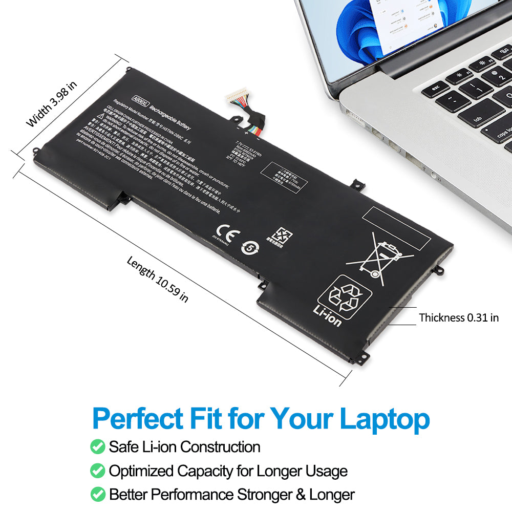 HP AB06XL replacement laptop battery 7.7V 53.61Wh 6962mAh, dimensions Width 3.98in Length 10.59in Thickness 0.31in