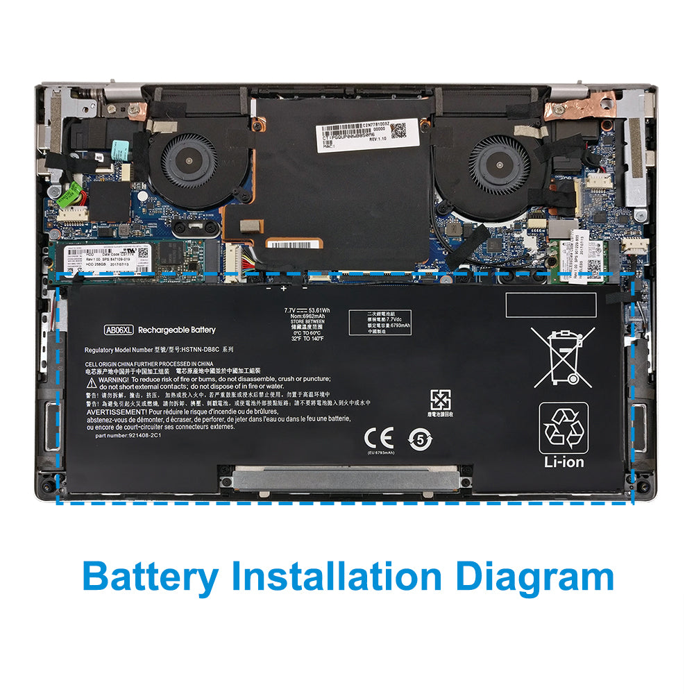HP AB06XL replacement laptop battery 7.7V 53.61Wh 6962mAh Li-ion, internal battery installation location in HP notebook