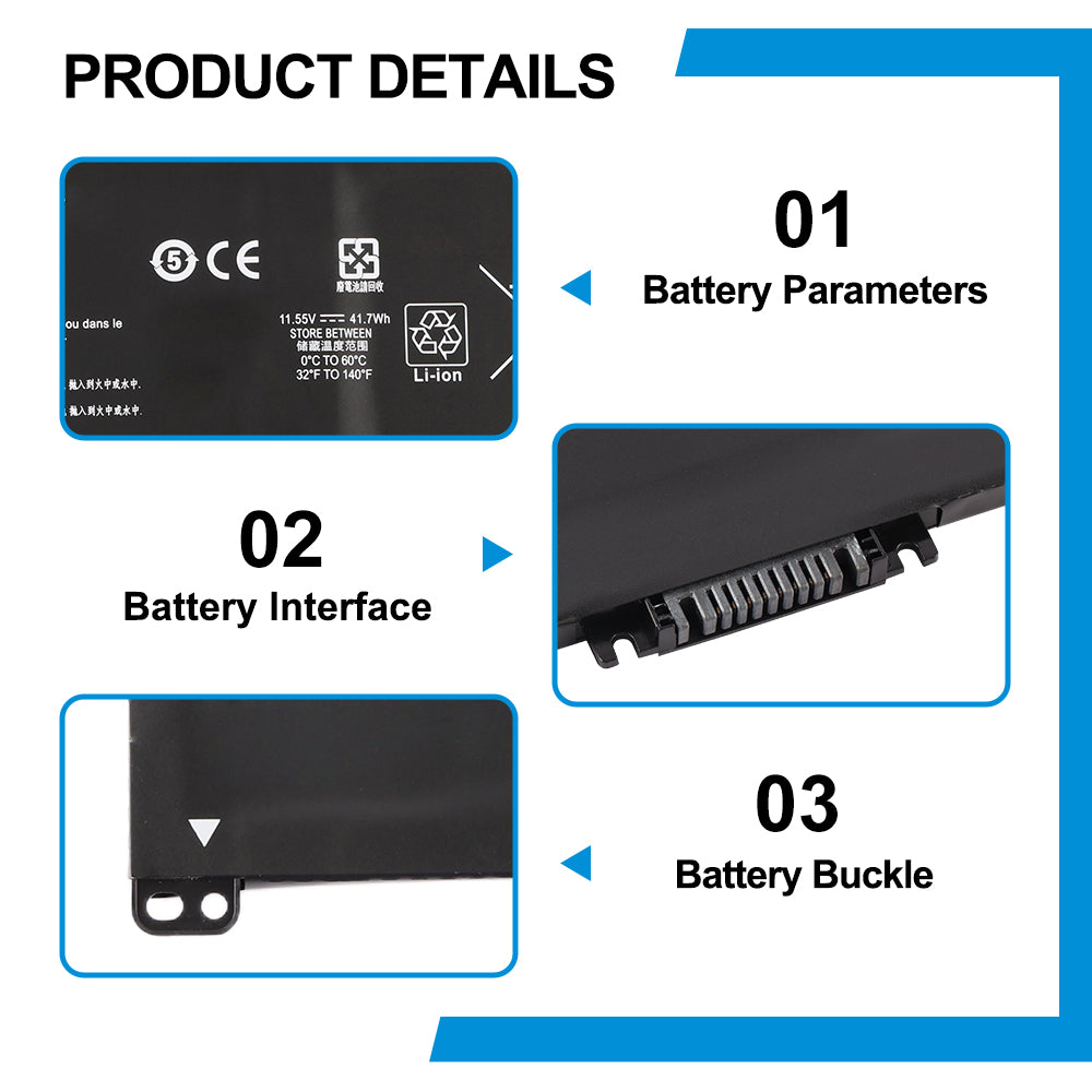 HP BK03XL replacement Li-ion laptop battery 11.55V 41.7Wh specs with 12-pin interface and buckle