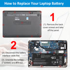 BL06XL battery replacement tutorial: remove back cover screws, unplug battery interface cable, then unscrew 7 battery screws to lift out for HP EliteBook