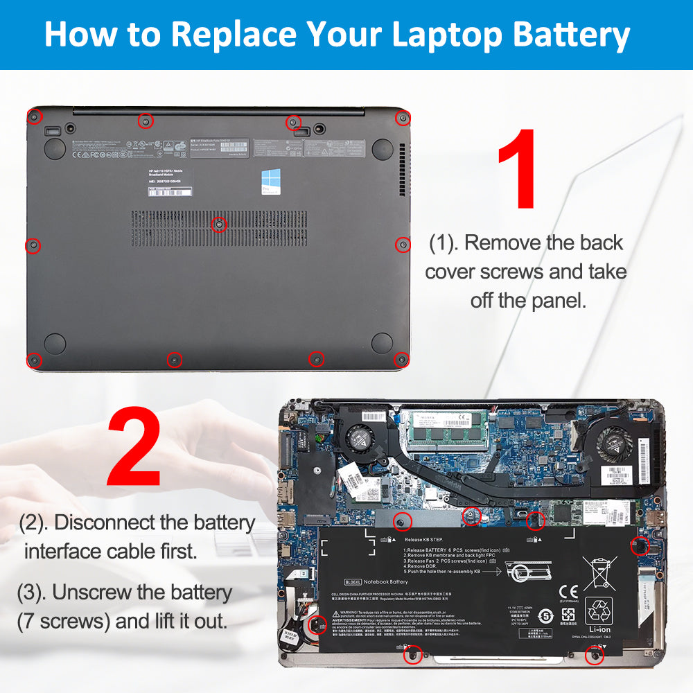 BL06XL battery replacement tutorial: remove back cover screws, unplug battery interface cable, then unscrew 7 battery screws to lift out for HP EliteBook