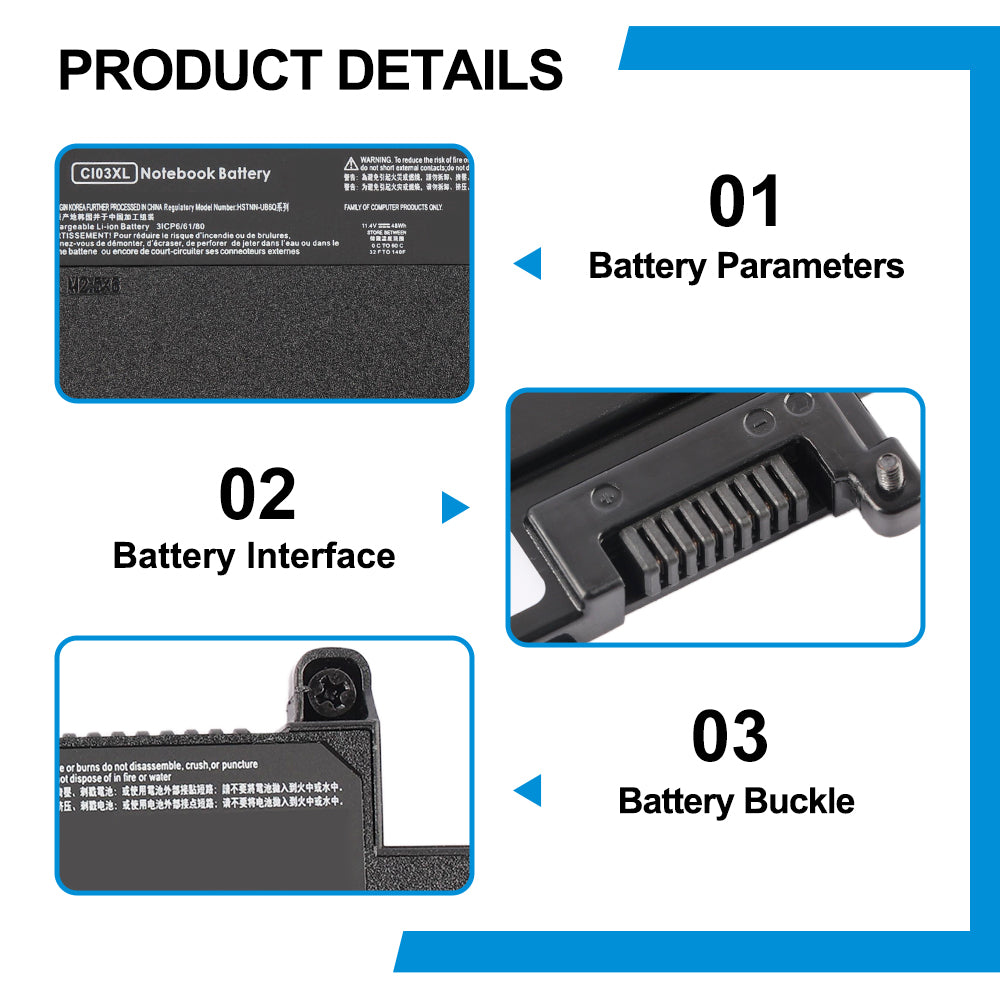 HP CI03XL replacement Li-ion laptop battery 11.4V 48Wh specs with 16-pin interface and metal buckle