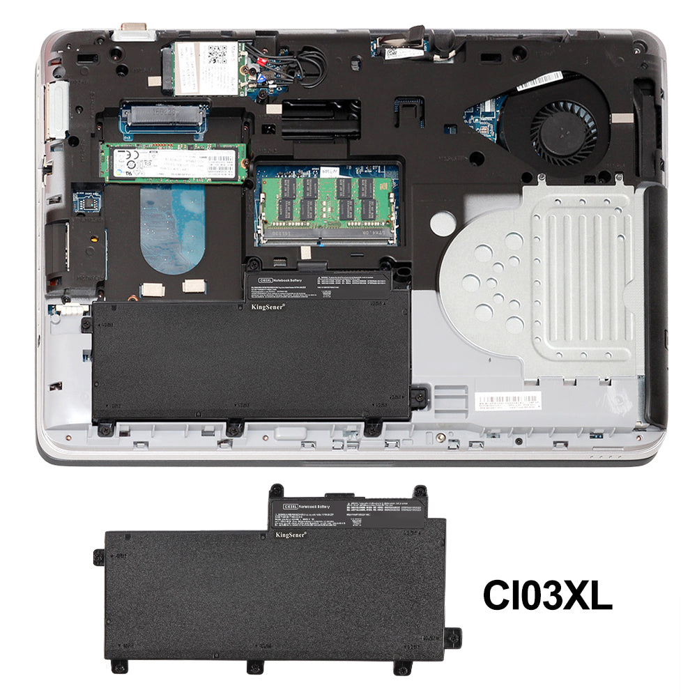 HP CI03XL replacement Li-ion laptop battery 11.4V 48Wh installation position inside HP laptop chassis