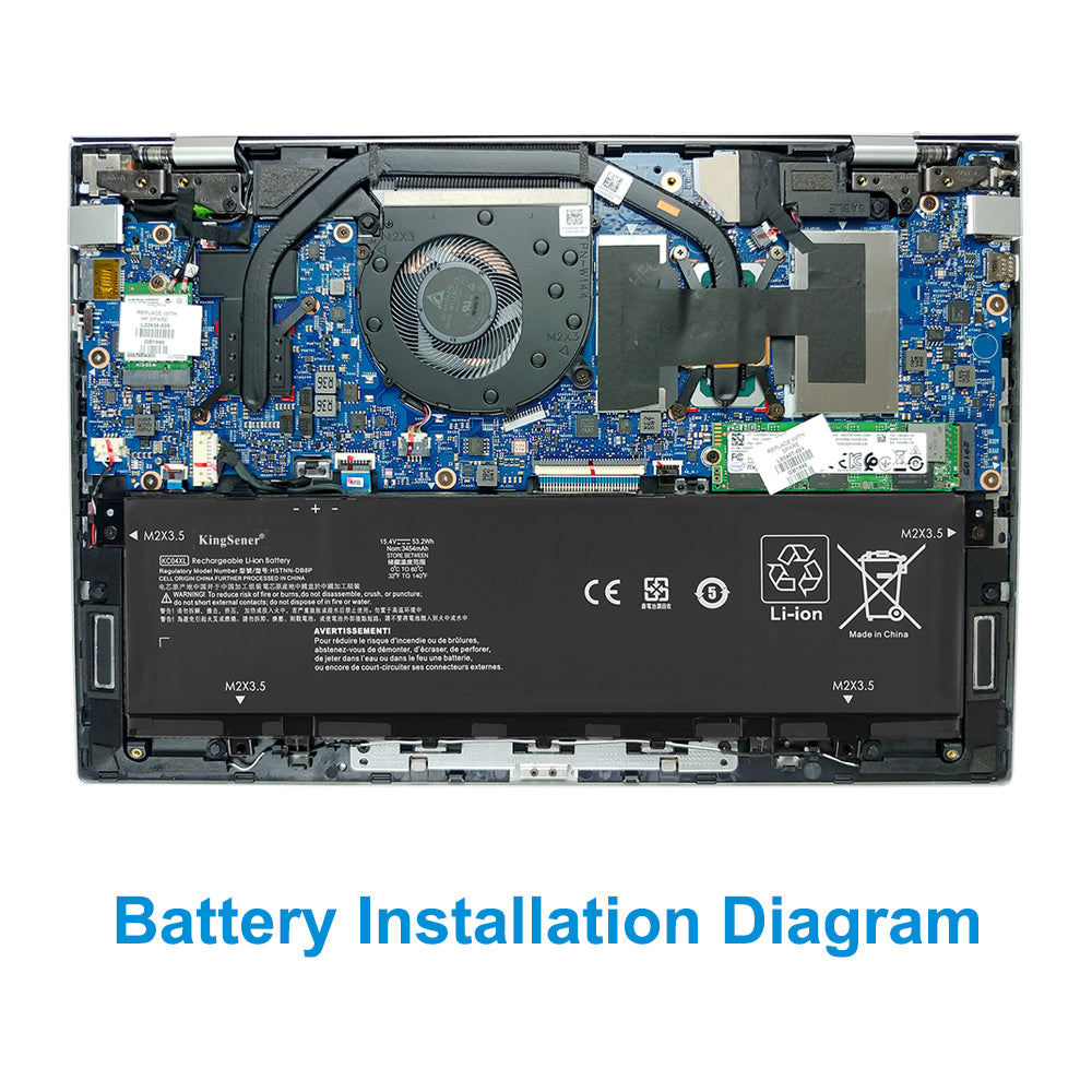 KC04XL 53.2Wh battery installed in HP Spectre ultrabook internal view with cooling fan and Intel motherboard, perfectly matching notebook chassis