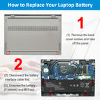 KC04XL battery replacement tutorial: remove 2 back cover screws, disconnect battery cable, then unscrew 4 battery screws to lift out for HP Spectre