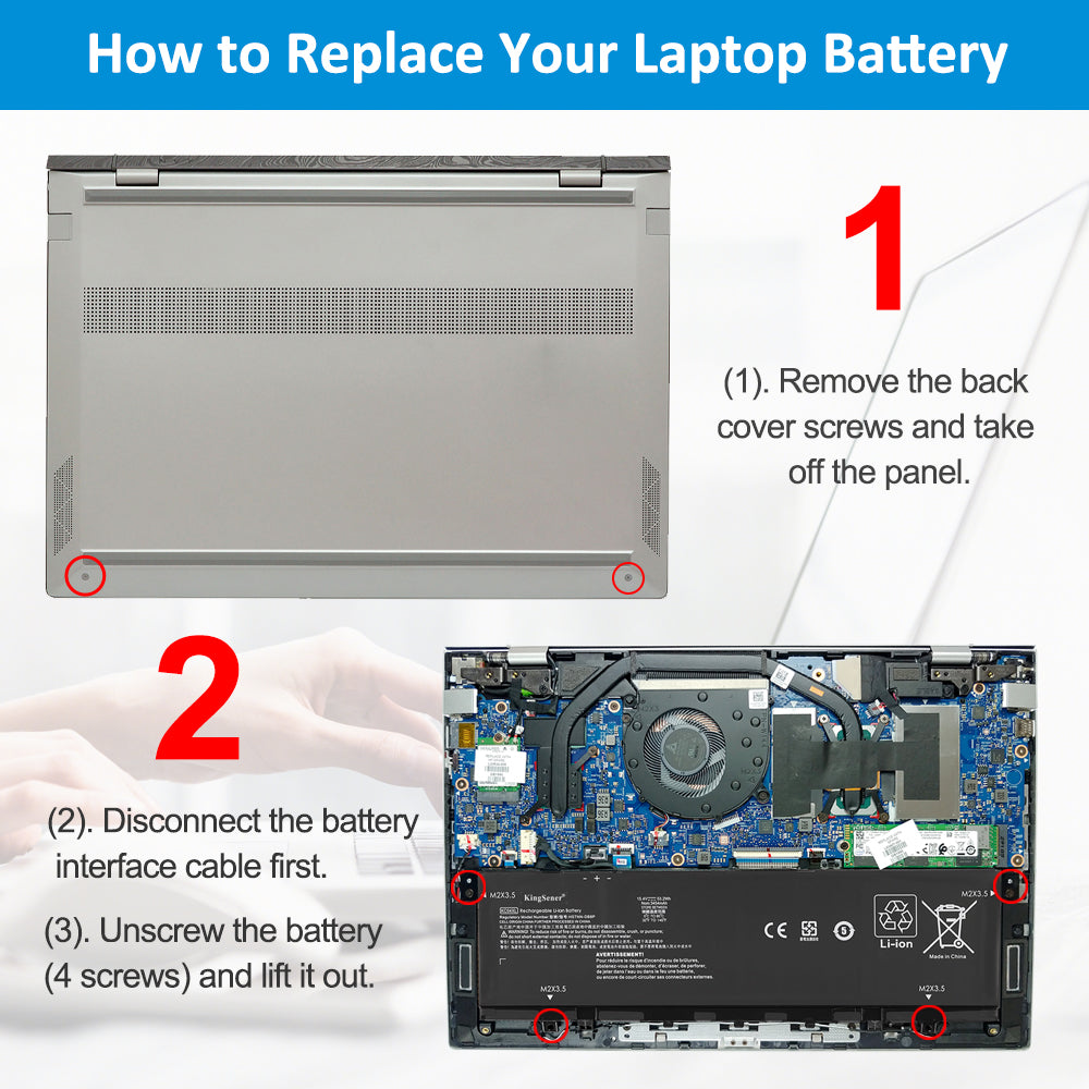 KC04XL battery replacement tutorial: remove 2 back cover screws, disconnect battery cable, then unscrew 4 battery screws to lift out for HP Spectre