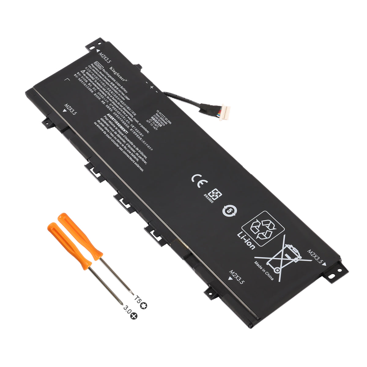KC04XL 15.4V 53.2Wh 3454mAh HP replacement battery white background hero shot with T5 Torx and 3.0 Phillips screwdriver toolkit for Spectre ultrabook