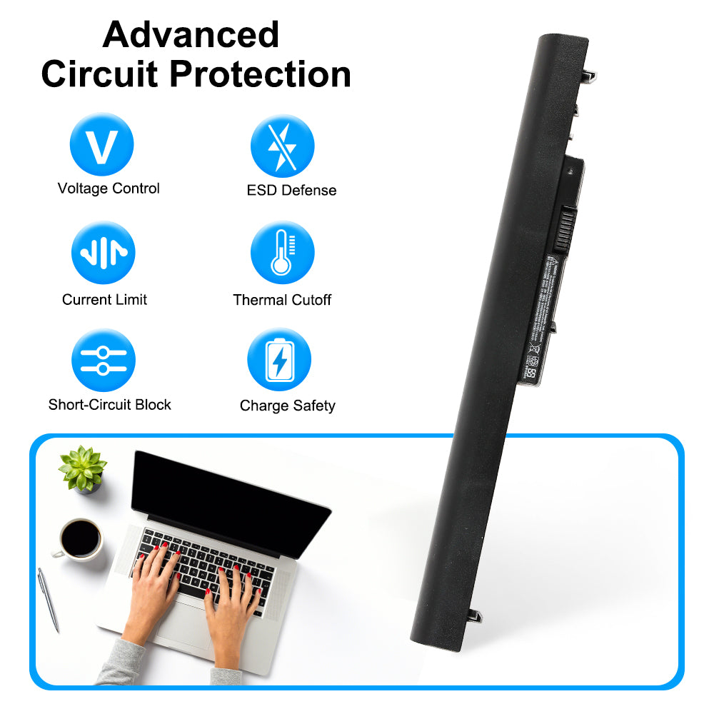 LA04 laptop battery with 6-layer circuit protection: voltage, ESD, current, thermal, short-circuit, charge safety