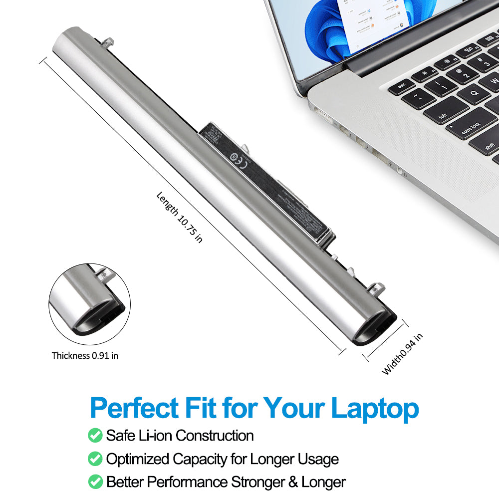 HP LA04 silver replacement laptop battery 14.8V 41Wh, dimensions 10.75x0.94x0.91in, safe Li-ion