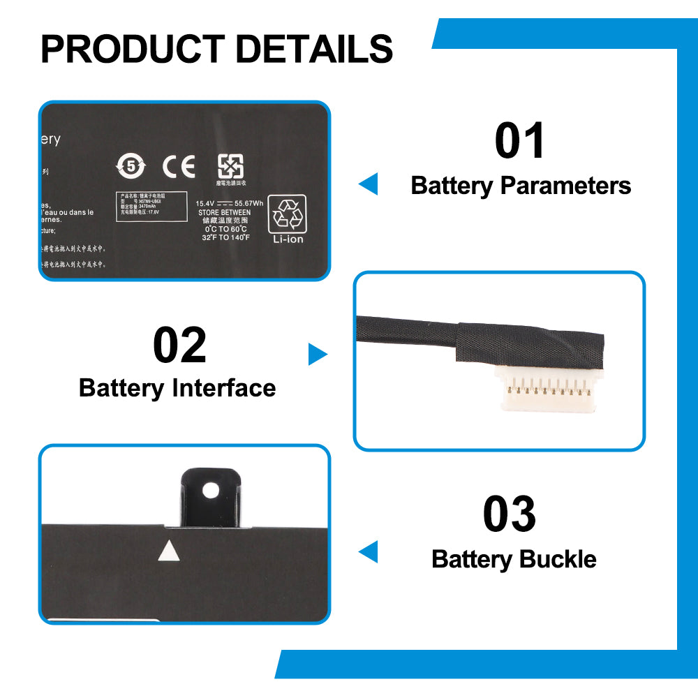 HP MB04XL replacement Li-ion laptop battery 15.4V 55.67Wh specs with 12-pin interface and metal buckle