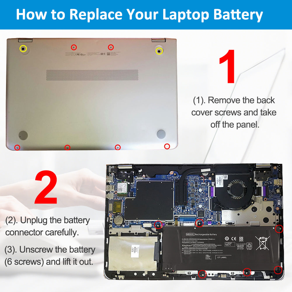 HP MB04XL replacement Li-ion laptop battery 15.4V 55.67Wh DIY 3-step replacement with 6-screw removal