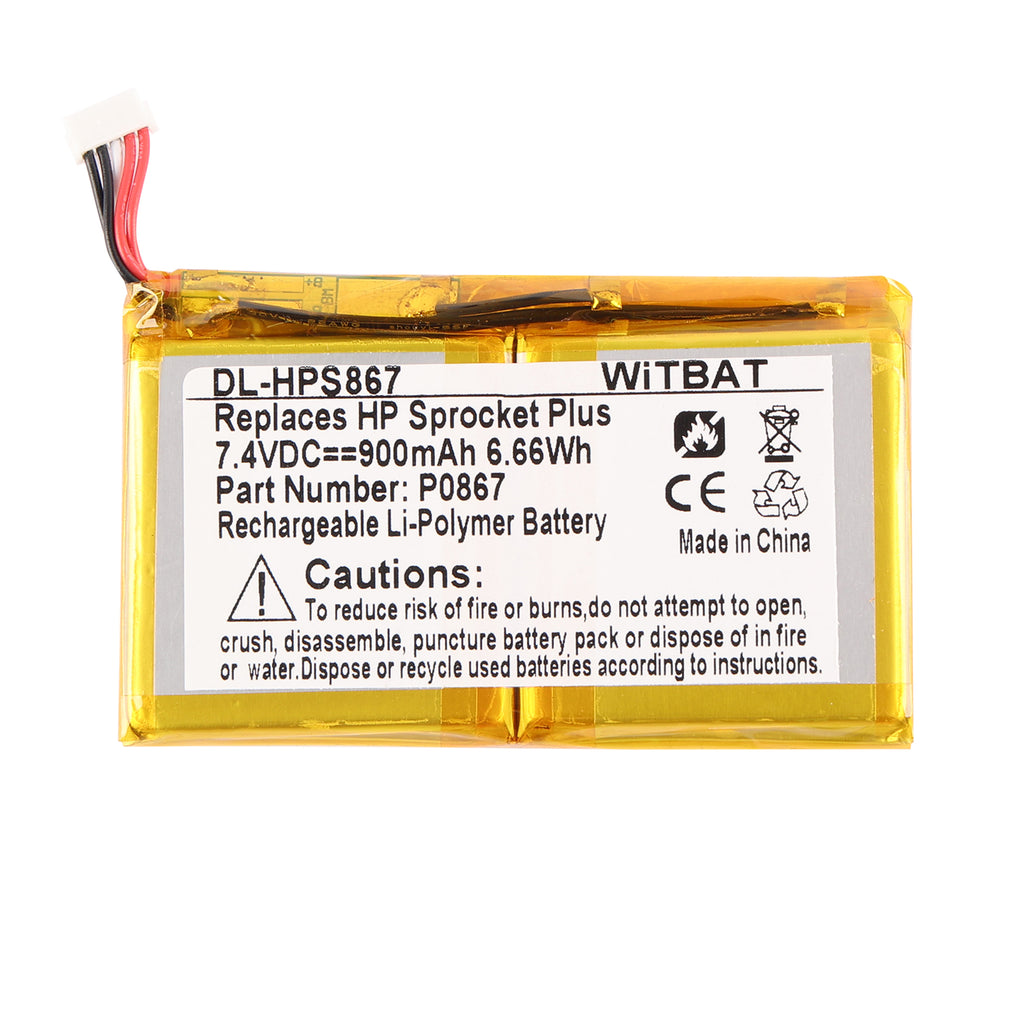 P0867 replacement battery for HP Pocket Printer Plus, 7.4V 900mAh 6.66Wh Li-ion, front view