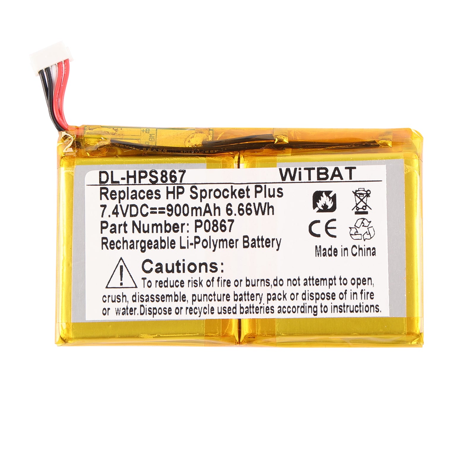 P0867 replacement battery for HP Pocket Printer Plus, 7.4V 900mAh 6.66Wh Li-ion, front view