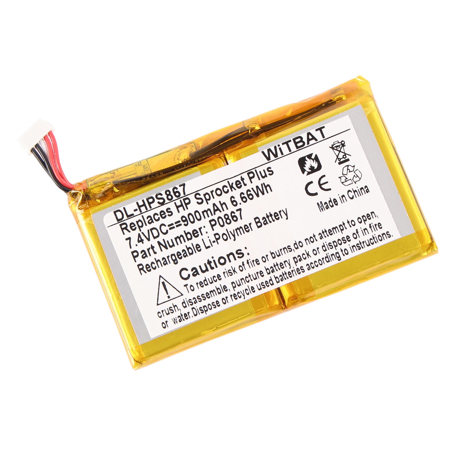 P0867 HP Pocket Printer Plus battery angled right view, 7.4V Li-ion with 4-wire connector visible