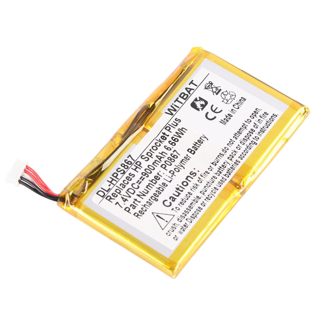 P0867 battery for HP Pocket Printer Plus, 7.4V 900mAh Li-ion, bottom angled view showing connector and DL-HPS867 part number