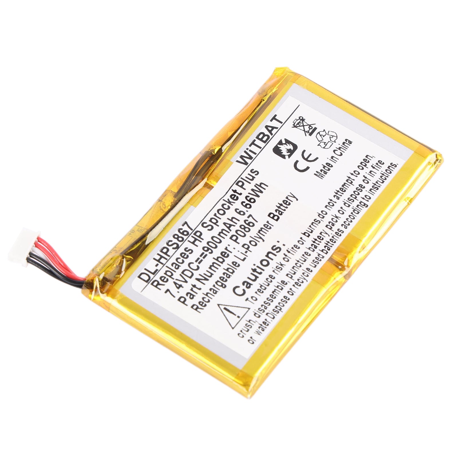 P0867 battery for HP Pocket Printer Plus, 7.4V 900mAh Li-ion, bottom angled view showing connector and DL-HPS867 part number