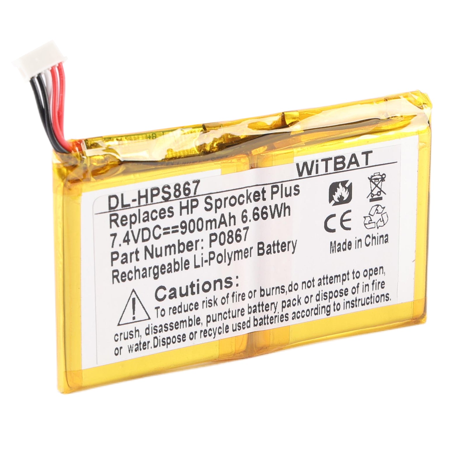 P0867 HP Pocket Printer Plus battery with connector cable, 7.4V 900mAh Li-ion angled display