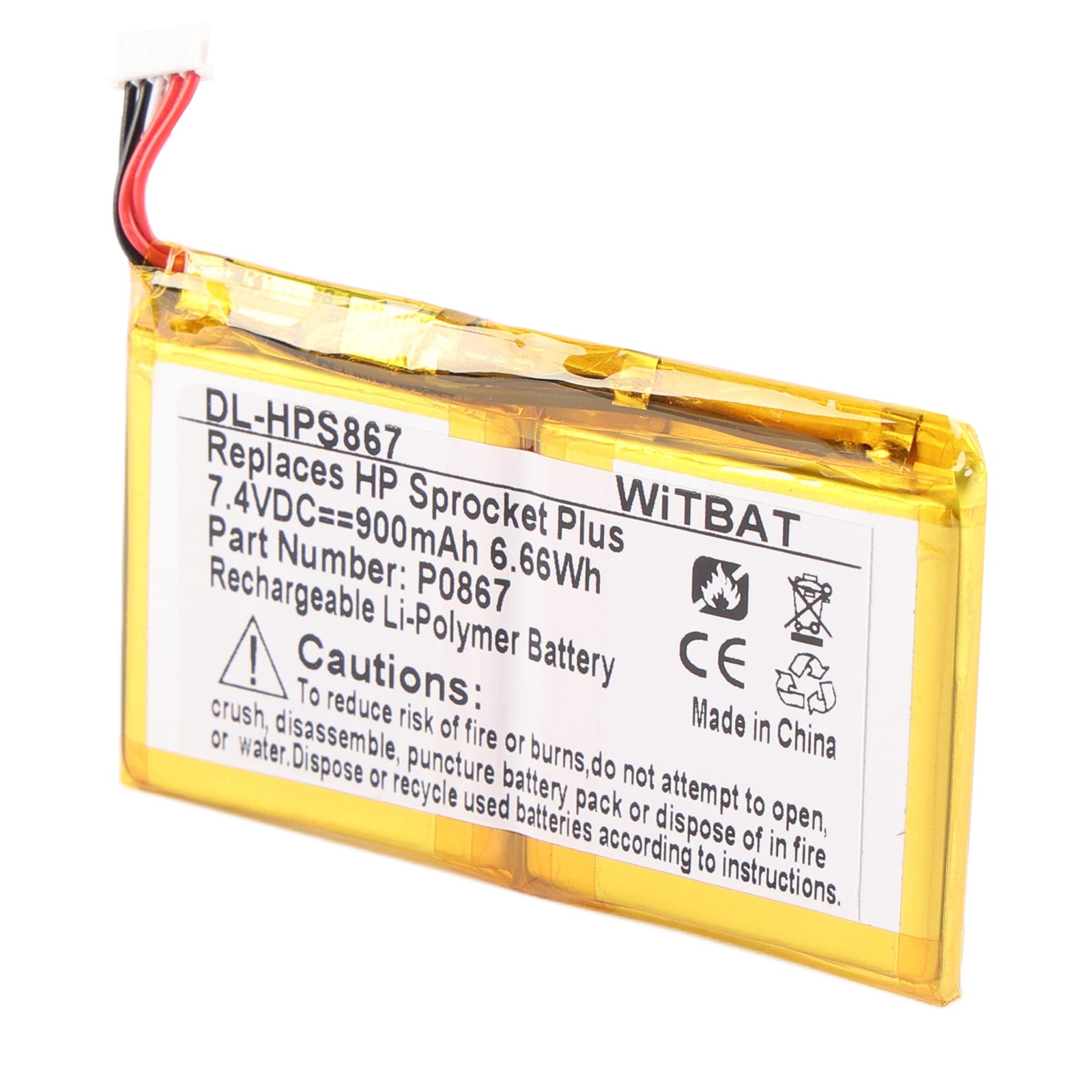 P0867 HP Pocket Printer battery connector detail, 4-pin plug and wire soldering point close-up view