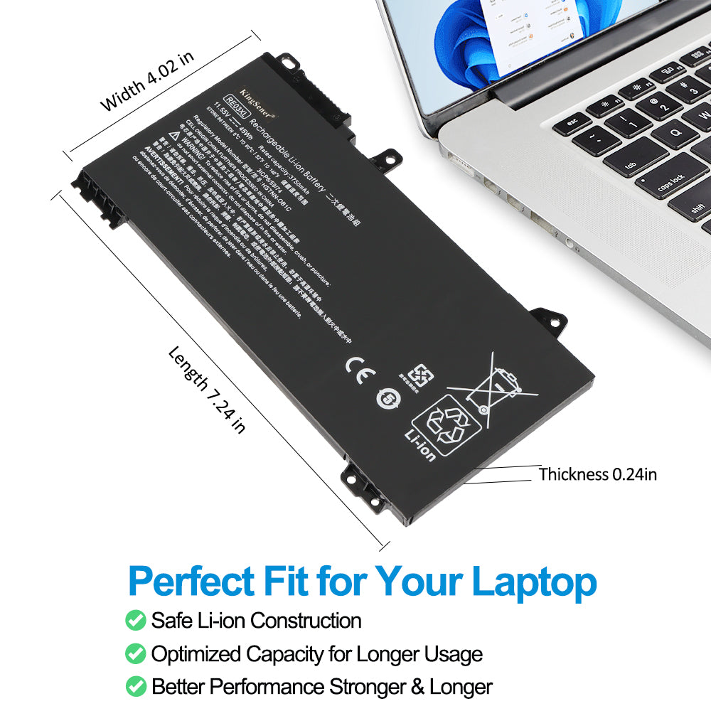 HP RE03XL replacement Li-ion laptop battery 11.55V 45Wh dimensions 7.24 inch perfect fit for HP laptop