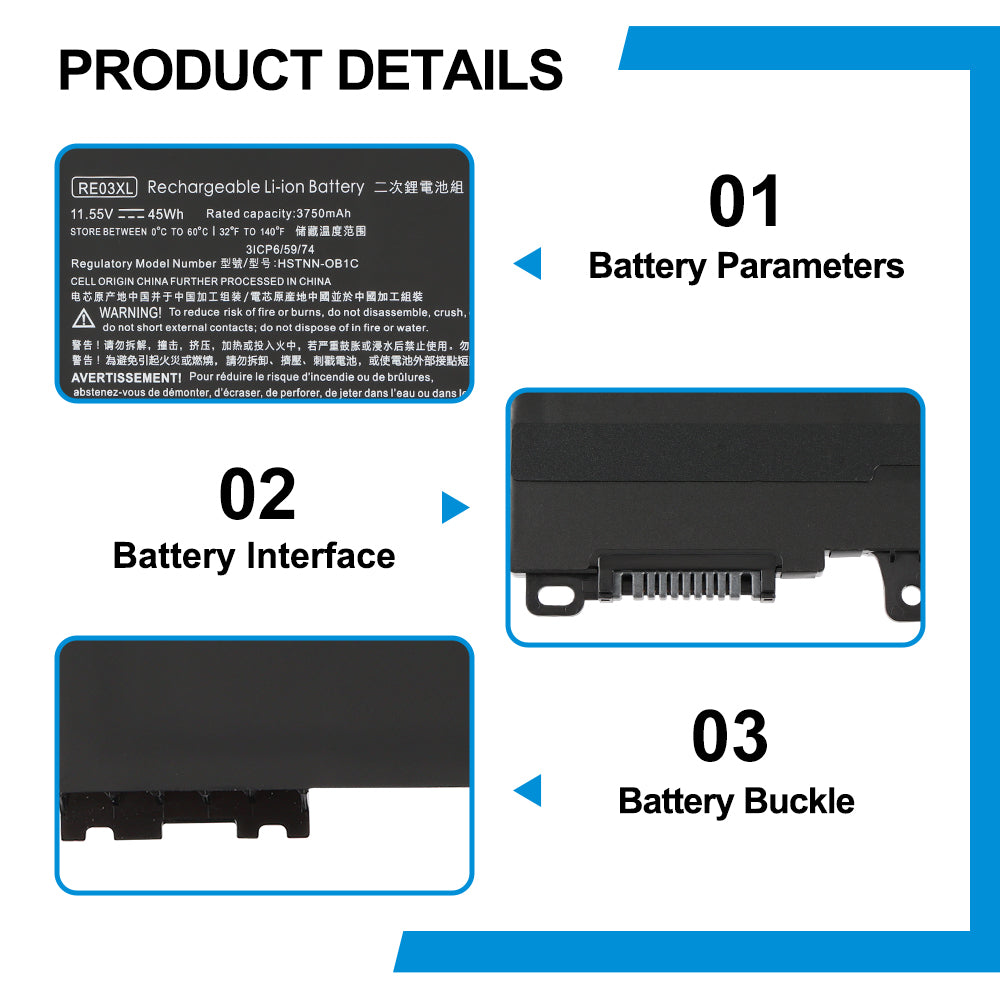 HP RE03XL replacement Li-ion laptop battery 11.55V 45Wh specs with 12-pin interface and metal buckle