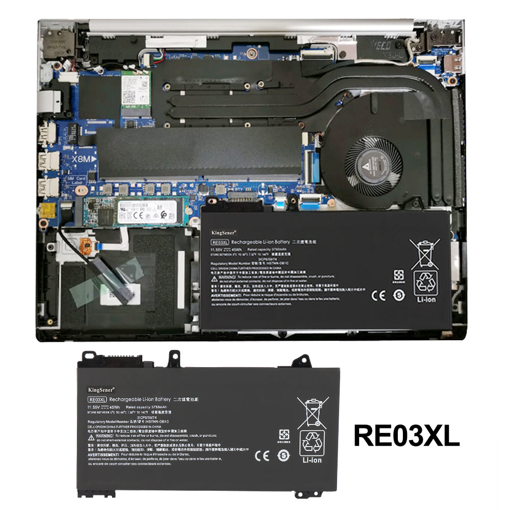 HP RE03XL replacement Li-ion laptop battery 11.55V 45Wh installation diagram inside HP laptop