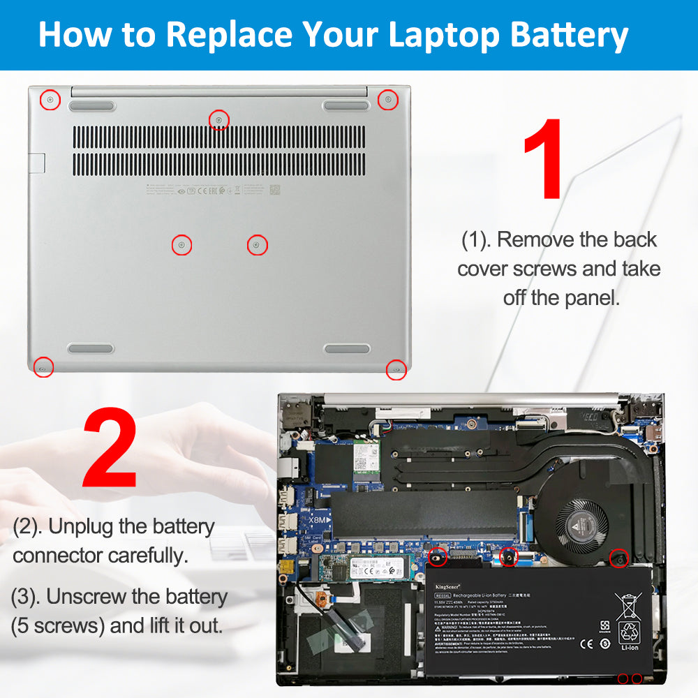 HP RE03XL replacement Li-ion laptop battery 11.55V 45Wh DIY 3-step replacement with 5-screw removal