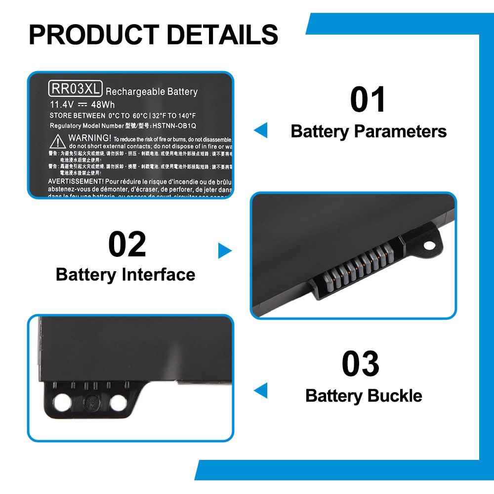 HP RR03XL replacement Li-ion laptop battery 11.4V 48Wh specs with 10-pin interface and metal buckle