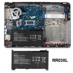 HP RR03XL replacement Li-ion laptop battery 11.4V 48Wh installation diagram inside HP laptop