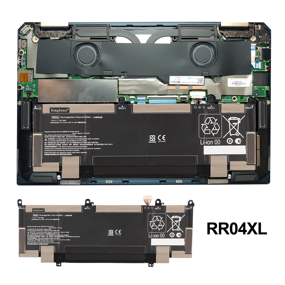 HP RR04XL replacement Li-polymer laptop battery 15.4V 60.76Wh installation diagram inside HP gaming laptop