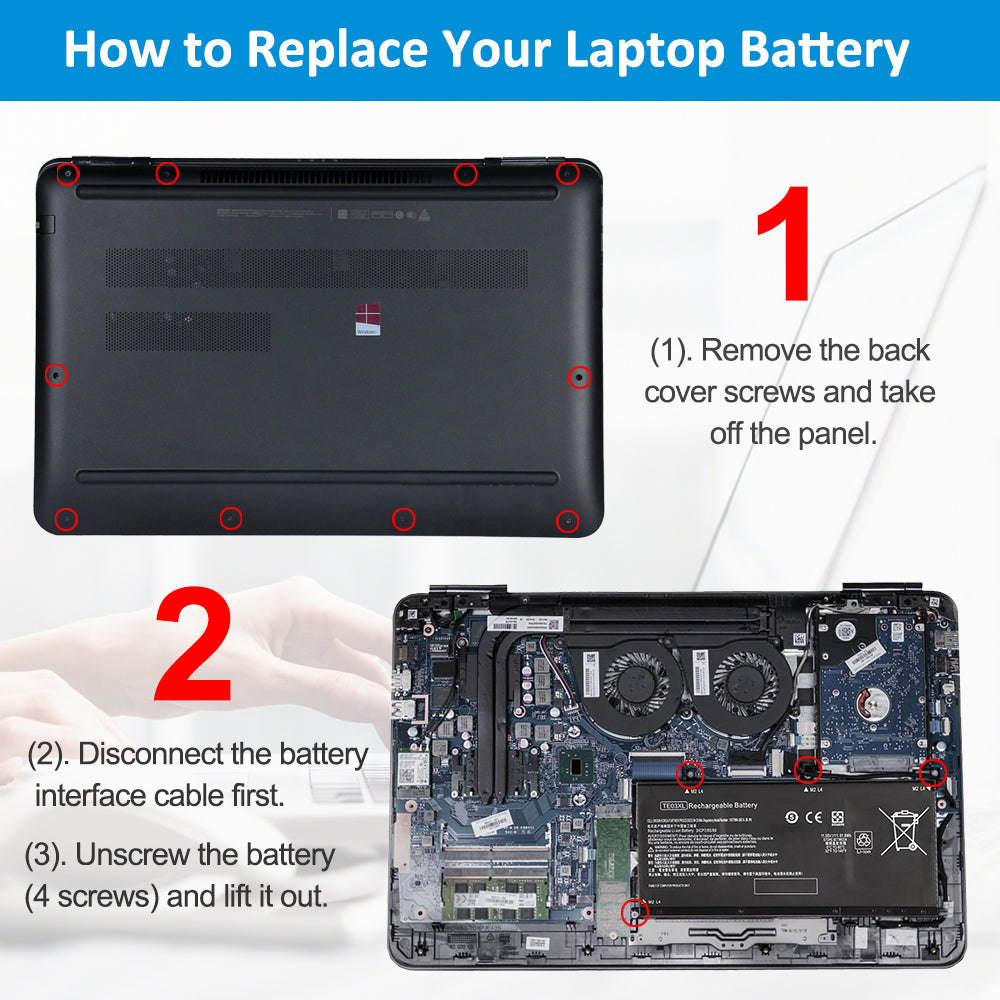 HP TE03XL replacement laptop battery 11.55V 61.6Wh 5333mAh, step-by-step replacement guide for HP notebook