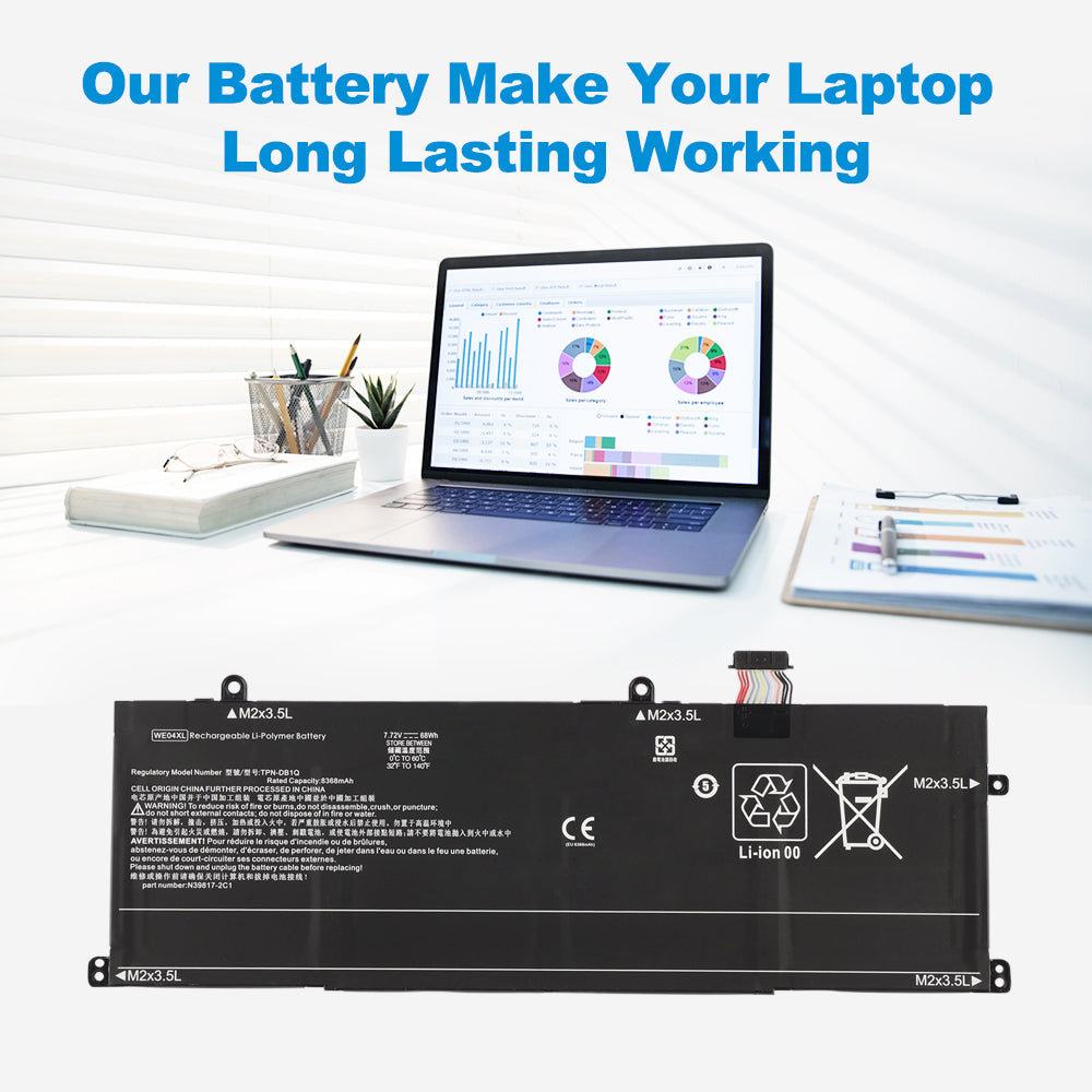 WE04XL 68Wh battery powers HP Pavilion Plus laptop for all-day office work, data analysis and business productivity