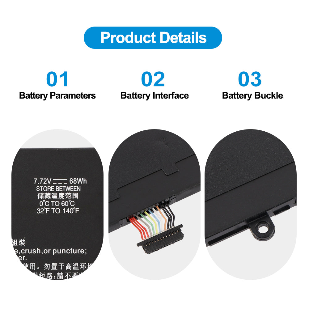 WE04XL battery details showing 7.72V 68Wh spec label, multi-pin connector interface and mounting buckle design