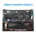 WE04XL battery installation diagram showing exact placement inside HP Pavilion Plus laptop with red outline guide